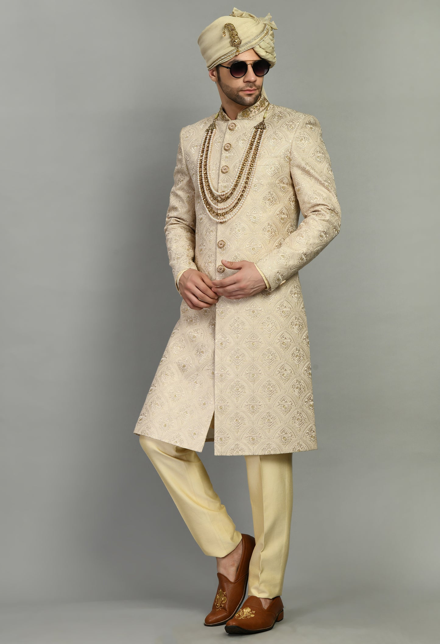 Men’s Sherwani – Silk in Beige with Detailed Hand Embroidery | One Man Show