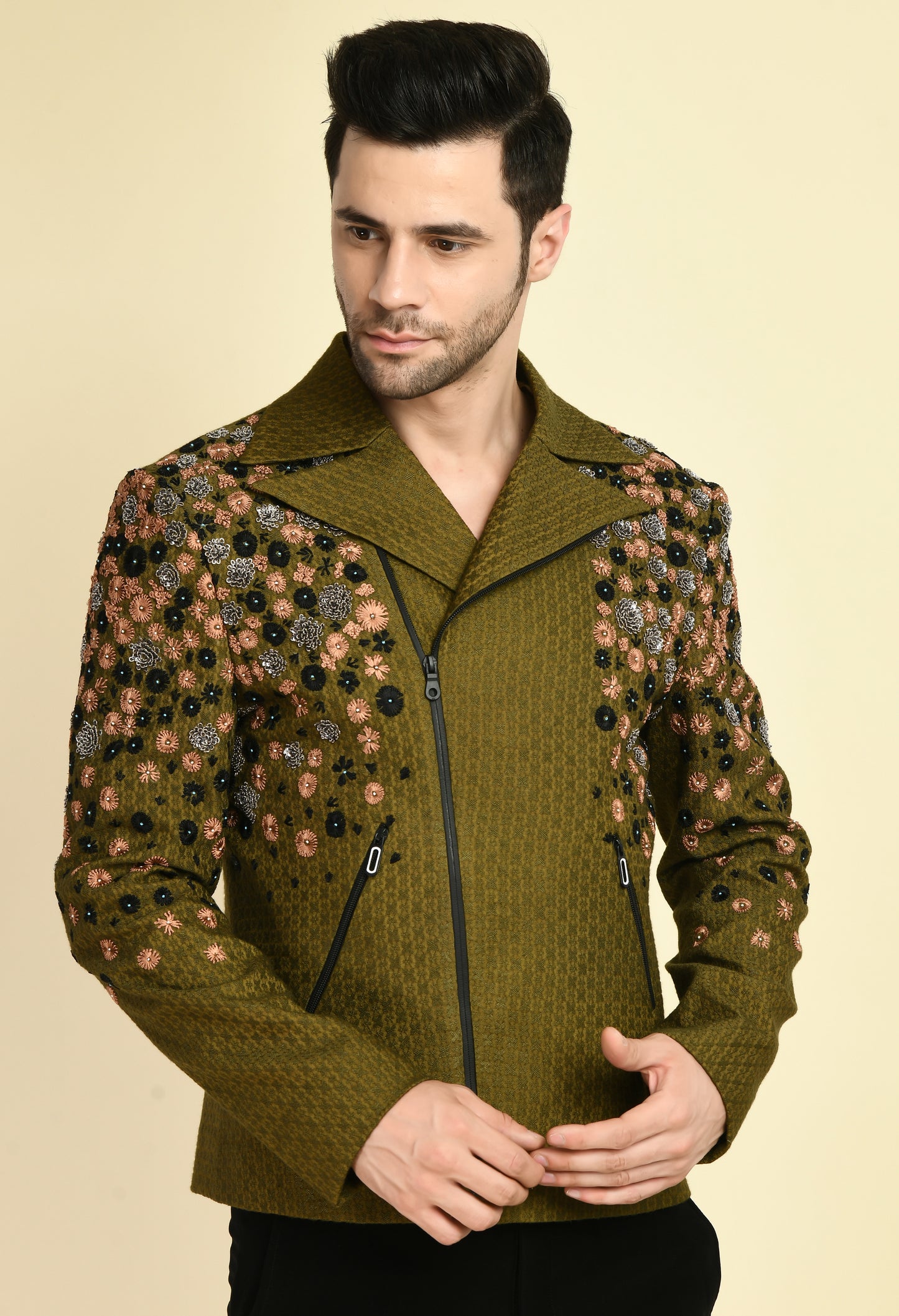 Men’s Biker Jacket – Silk Jaquard in Olive Green with Placement Embroidery | One Man Show
