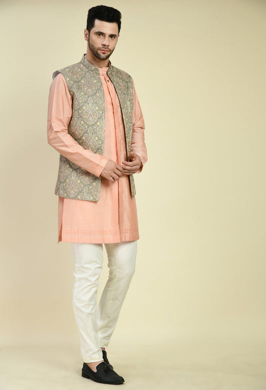 Men’s Kurta Set – Cotton Silk in Peach with Pintucks Abstract Design | One Man Show