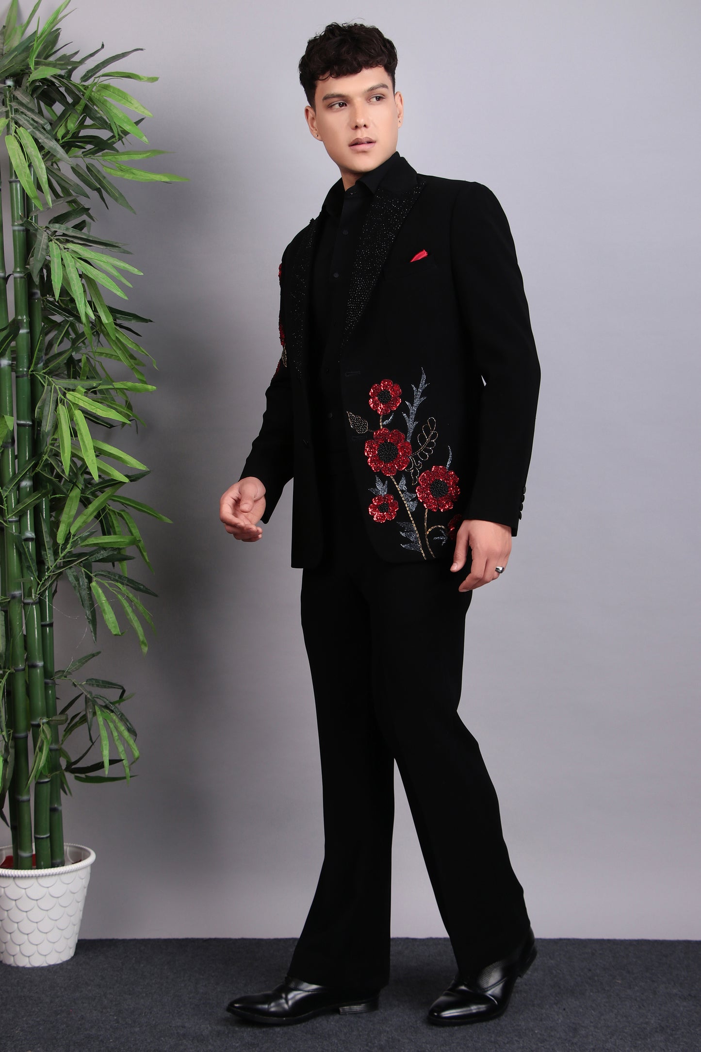 Men’s Tuxedo – Japanese Lycra in Black with Pintex & Beads Embroidery | One Man Show