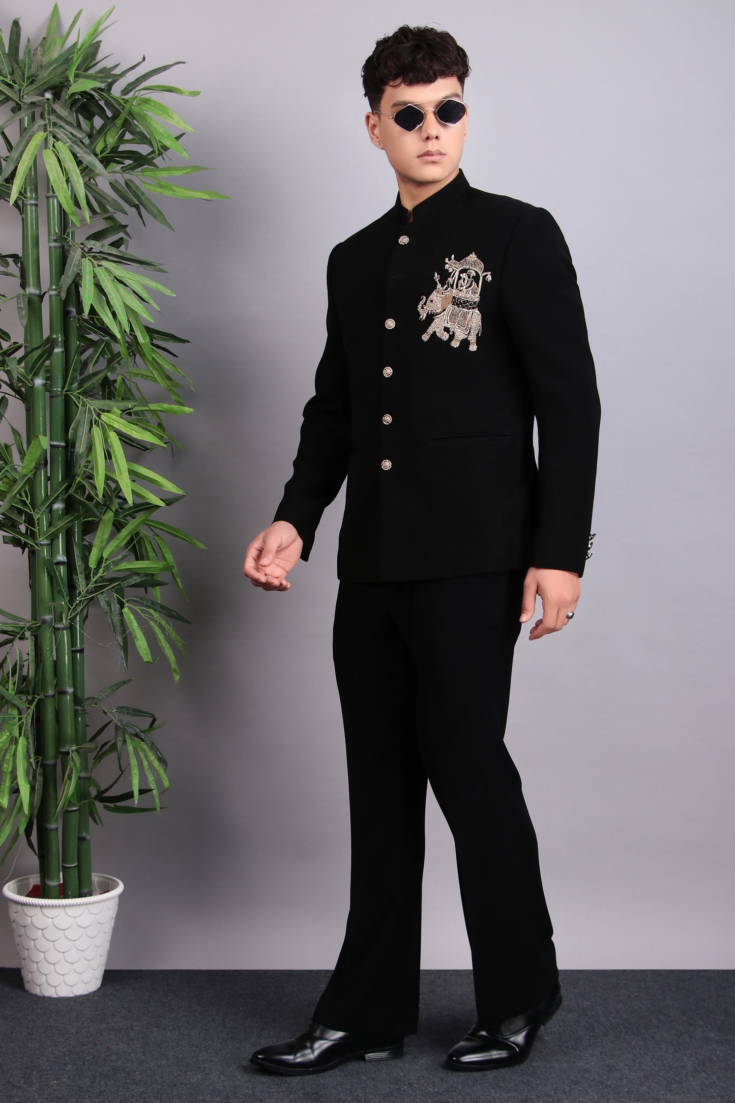 Men’s Bandhgala – Japanese Lycra in Black with Patch Motif Embroidery | One Man Show