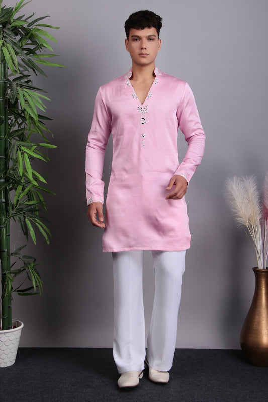 Side view - Men’s Kurta Set – Modal Satin in Pink with Tie and Dye & Silk Thread Embroidery