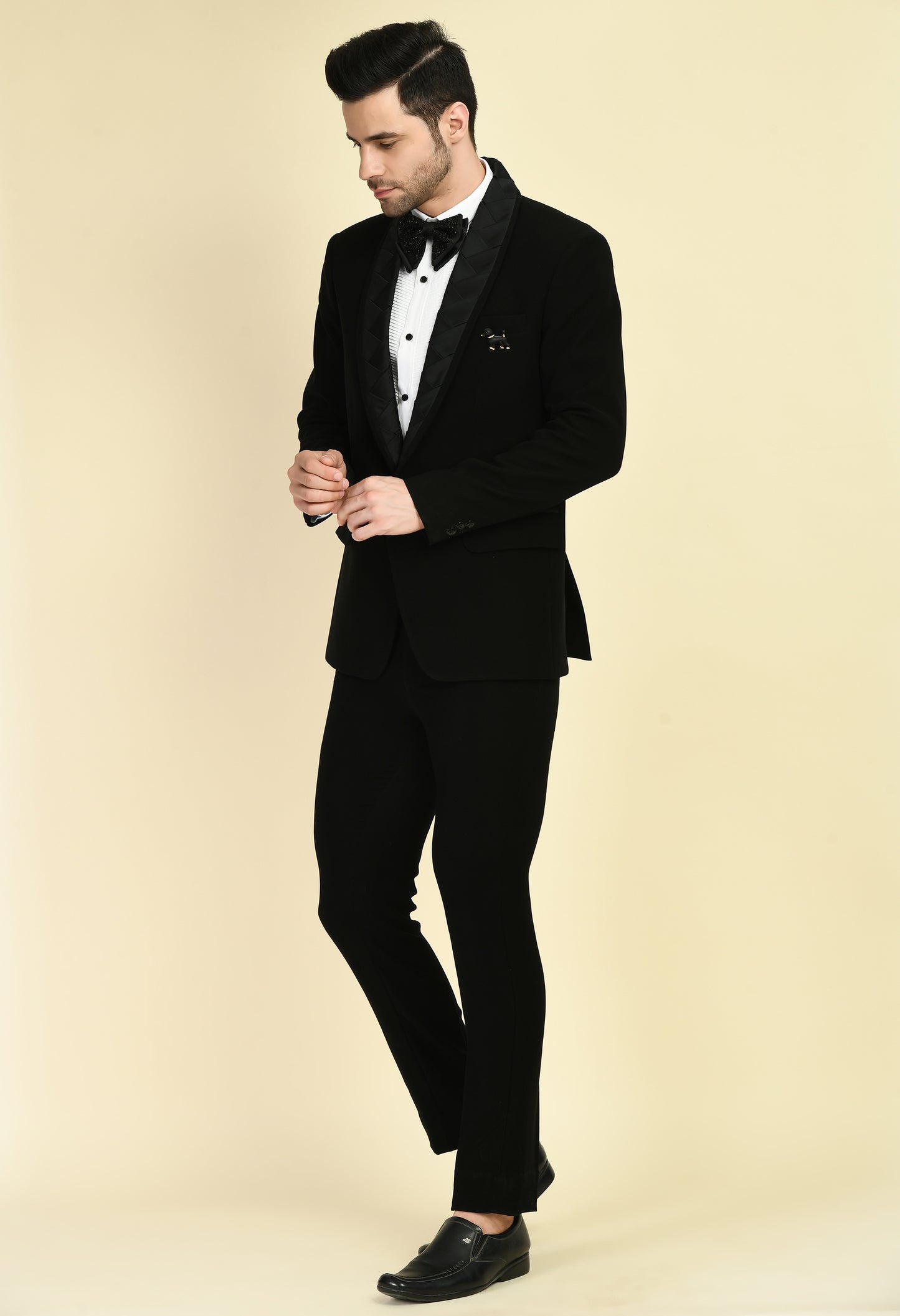 Men’s Tuxedo – Japanese Lycra in Black with Woven Satin Strips Design | One Man Show