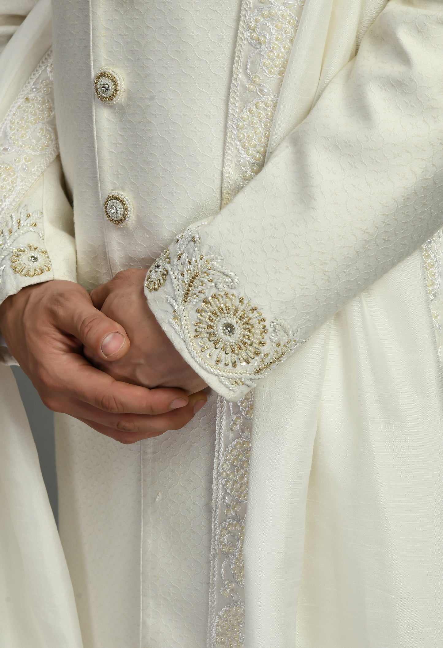 Men’s Sherwani – Silk in Ivory with Detailed Hand Embroidery | One Man Show