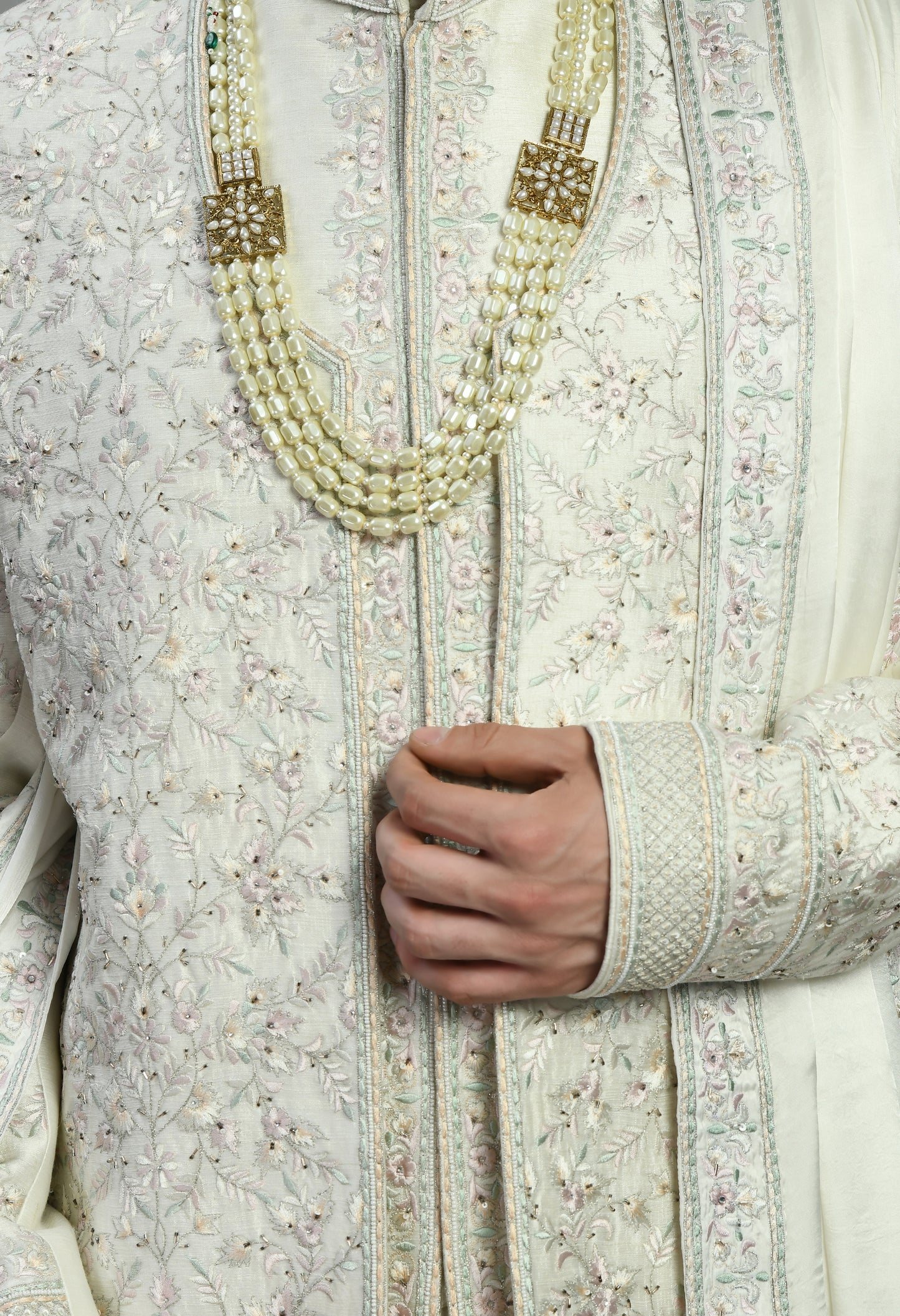 Men’s Sherwani – Silk in Ivory with Detailed Hand Embroidery Allover | One Man Show