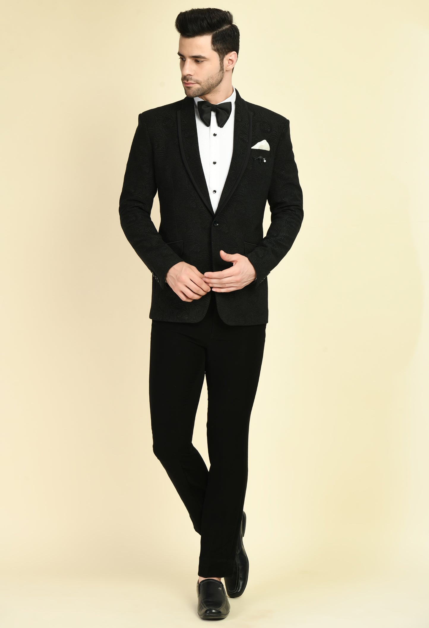 Men’s Tuxedo – Japanese Lycra in Black with Jaquard Abstract Design | One Man Show