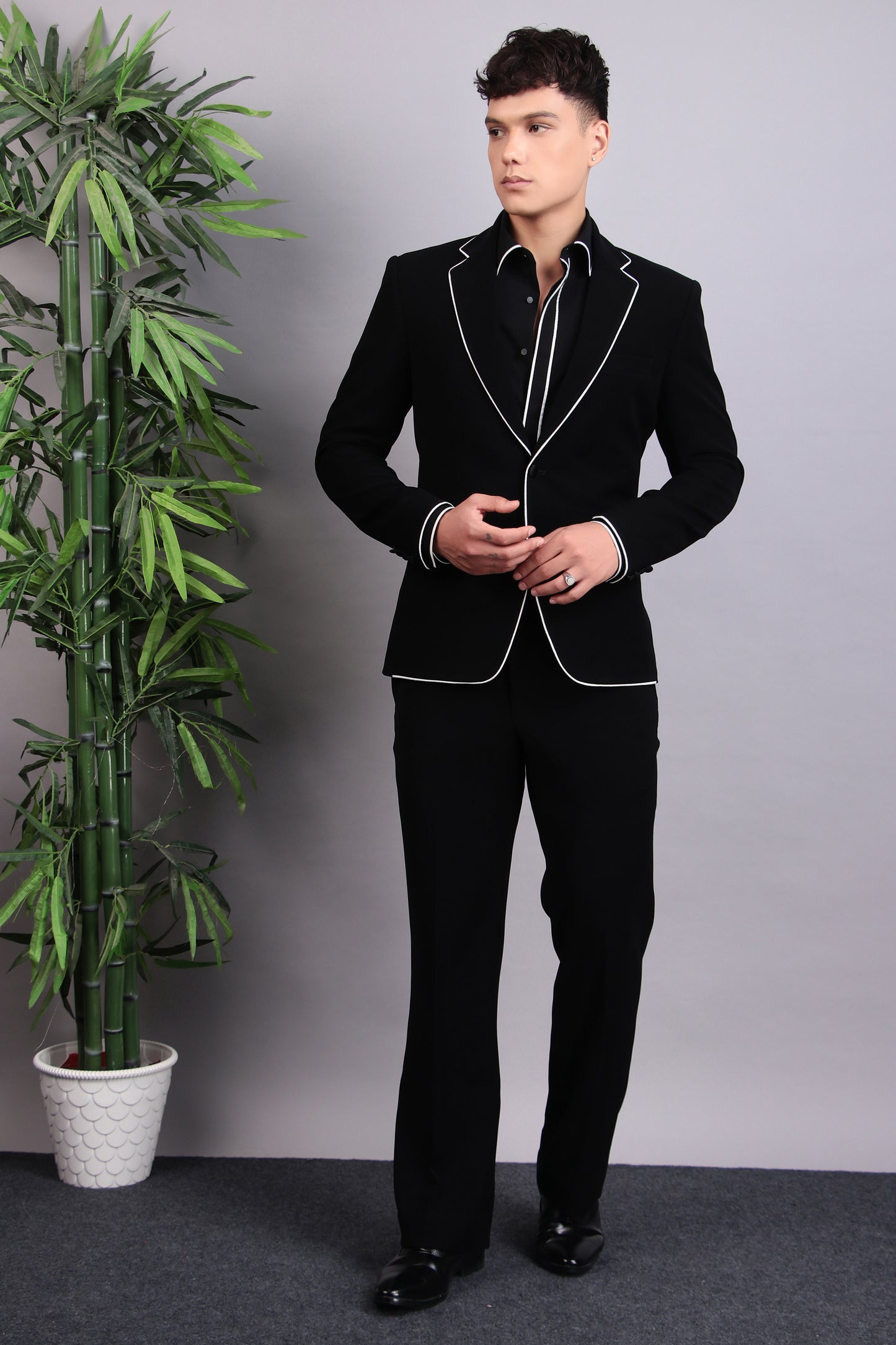 Men’s Tuxedo – Japanese Lycra in Black with White Piping Details | One Man Show