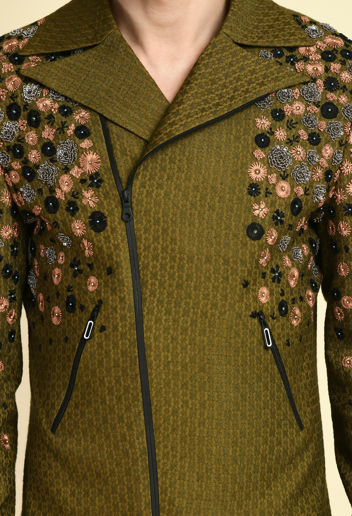 Men’s Biker Jacket – Silk Jaquard in Olive Green with Placement Embroidery | One Man Show