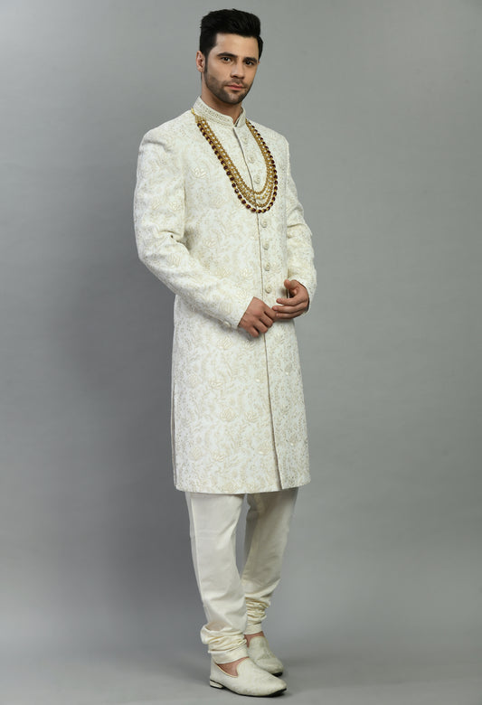Men’s Sherwani – Silk in Ivory with Detailed Hand Embroidery Allover | One Man Show