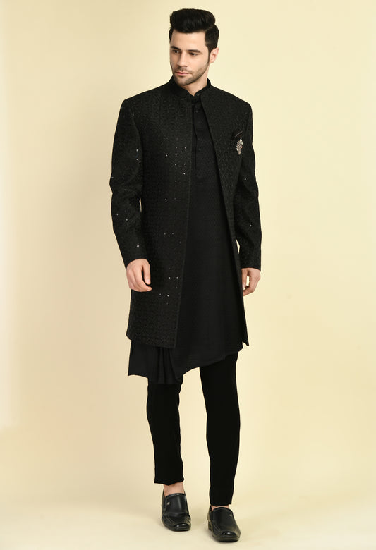 Men’s Indo-Western – Silk Georgette in Black with Front Open Self Sequins Embroidery | One Man Show