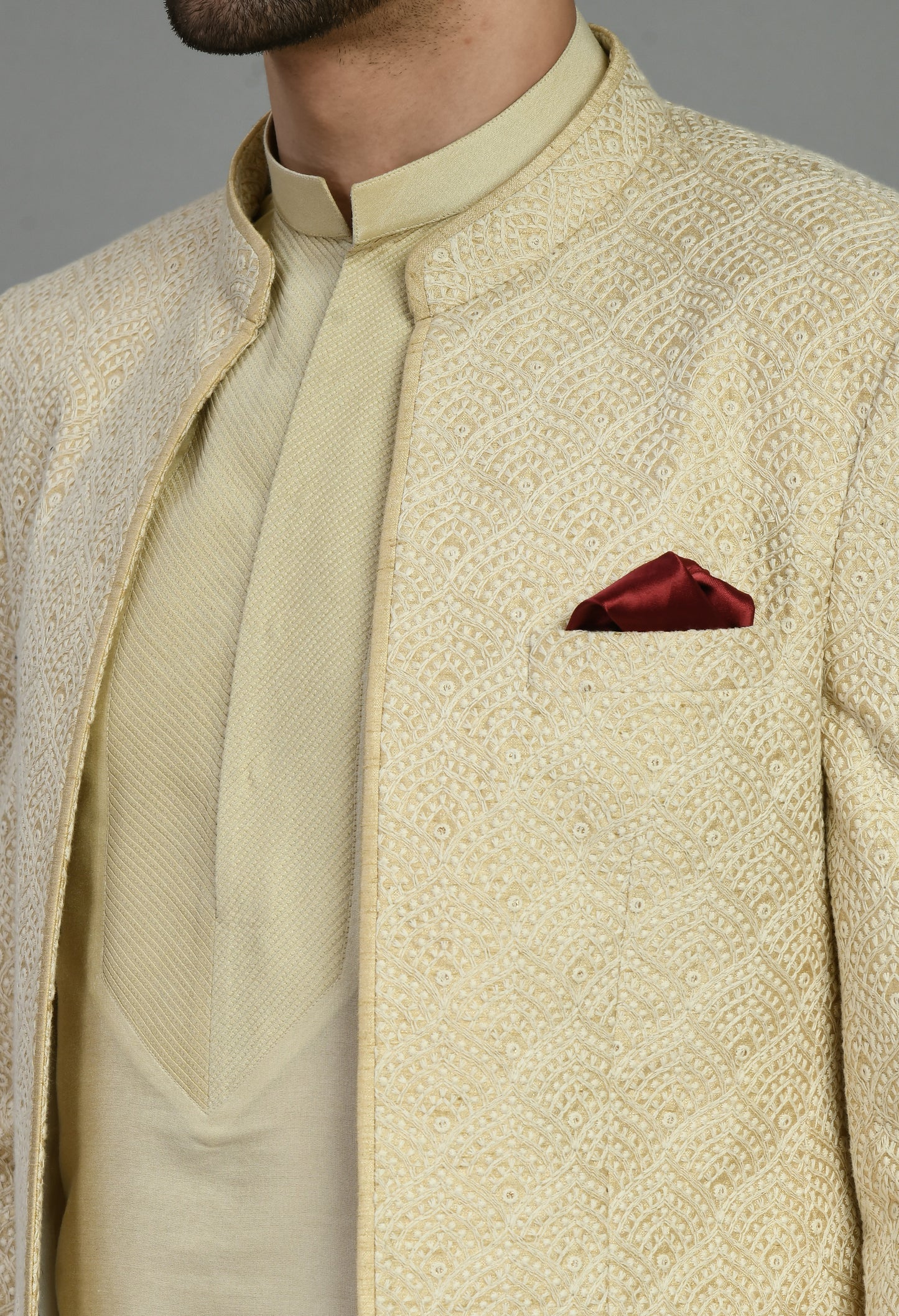 Detail view 4 - Men’s Indo-Western – Silk Kurta in Cream with Silk Thread Embroidery
