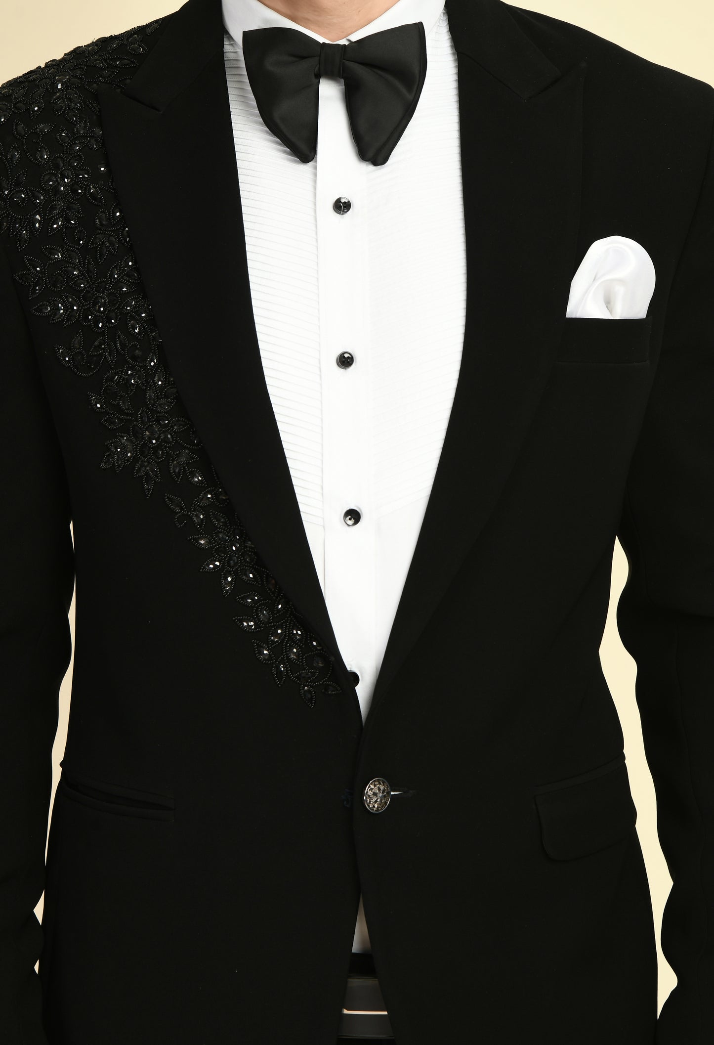 Men’s Tuxedo – Japanese Lycra in Black with Beads and Stone Work | One Man Show
