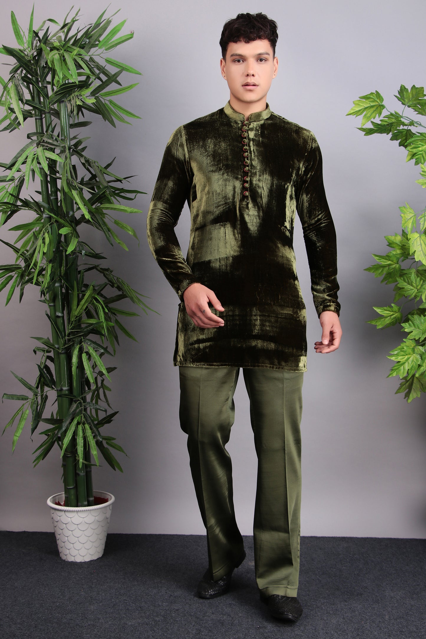 Men’s Indo-Western – Velvet Embroidered Fabric in Green with Multi Colored Floral Embroidery | One Man Show