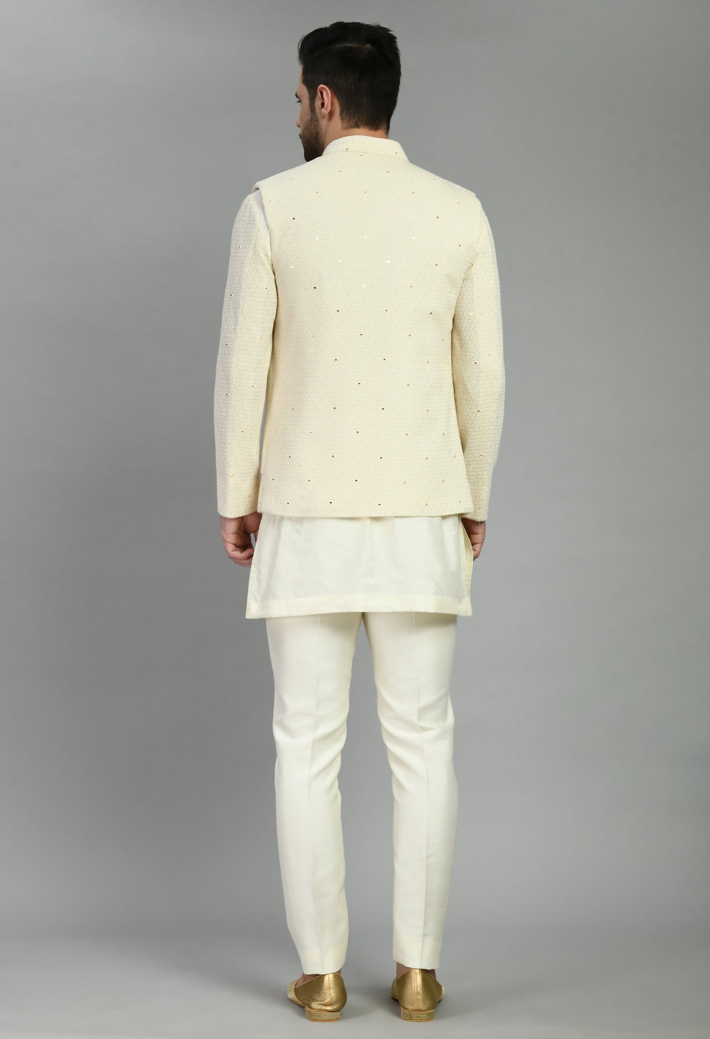 Men’s Nehru Jacket – Silk Georgette in Cream with Thread and Sequins Embroidery | One Man Show