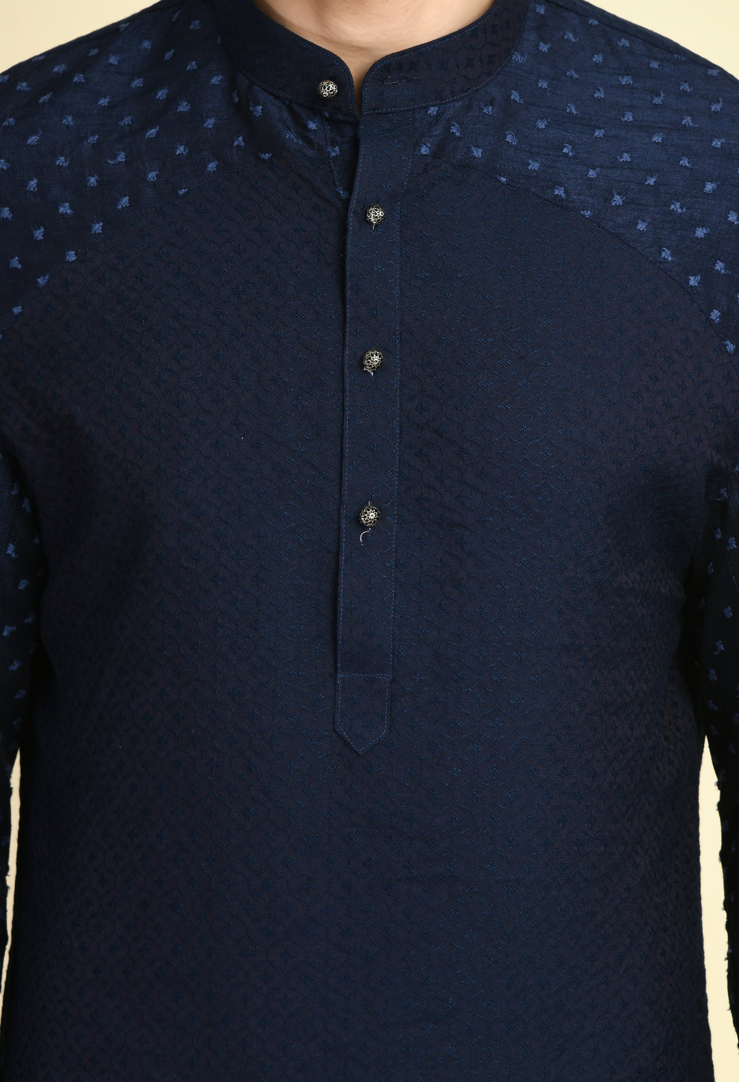 Men’s Nehru Jacket – Silk Jaquard in Navy Blue with Thread Embroidery | One Man Show