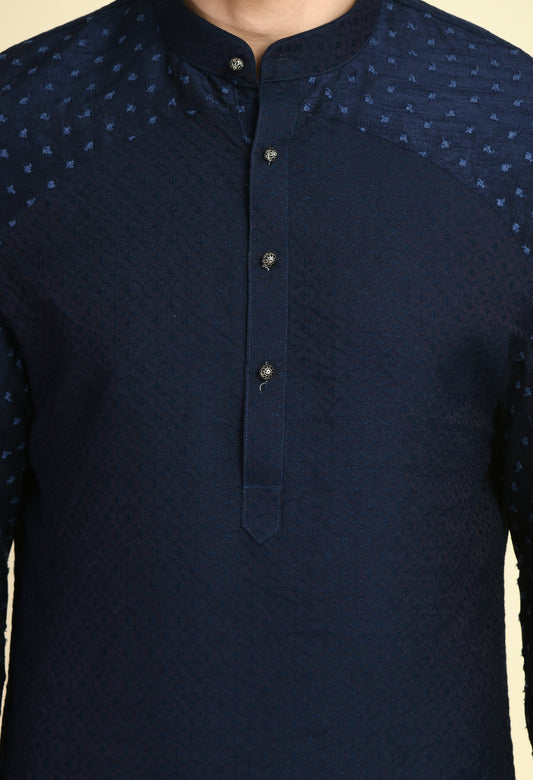 Men’s Nehru Jacket – Silk Jaquard in Navy Blue with Thread Embroidery | One Man Show