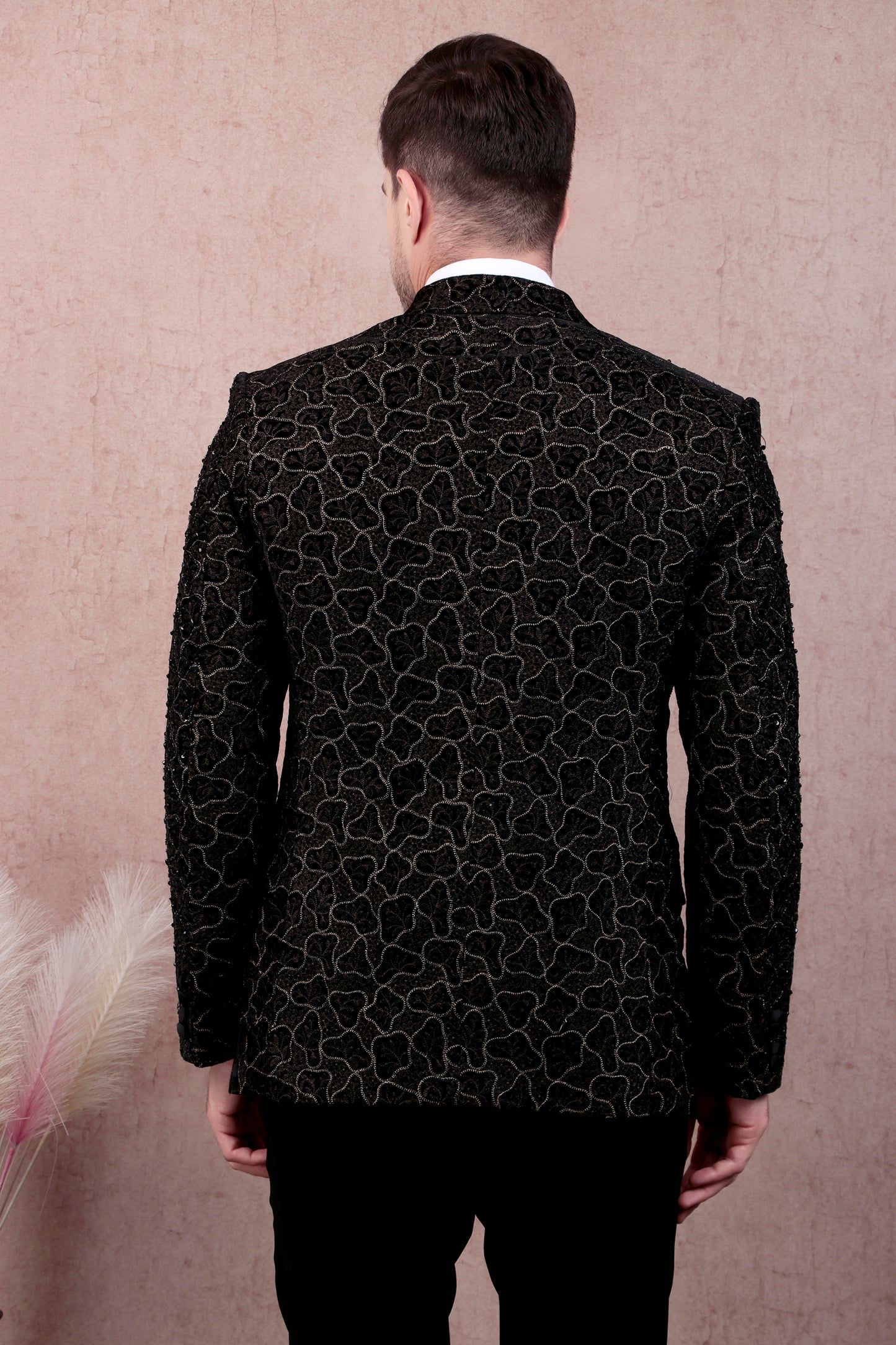 Men’s Tuxedo – Japanese Lycra in Black with Abstract Zari Embroidery | One Man Show