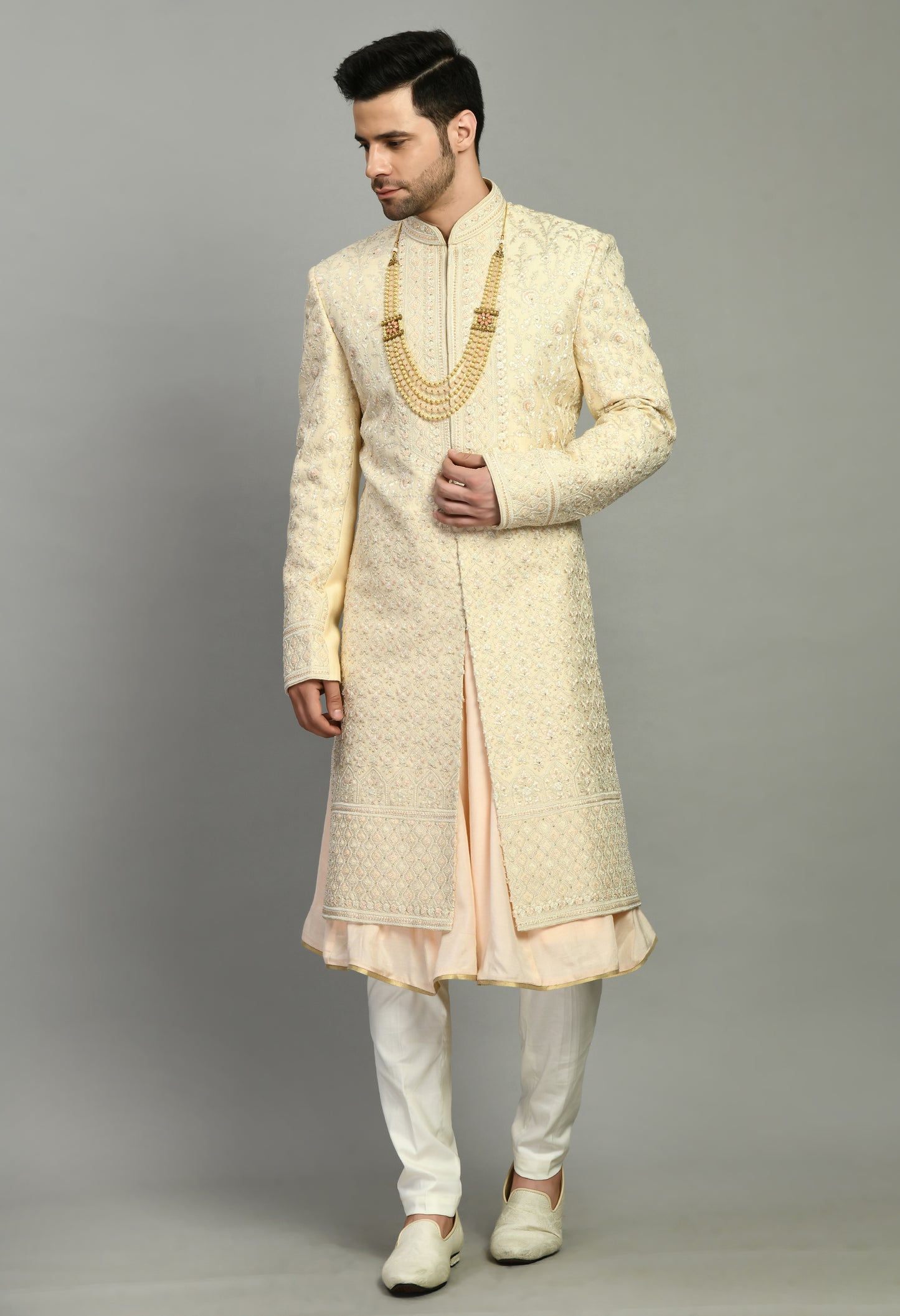 Men’s Sherwani – Silk in Cream with Detailed Hand Embroidery | One Man Show