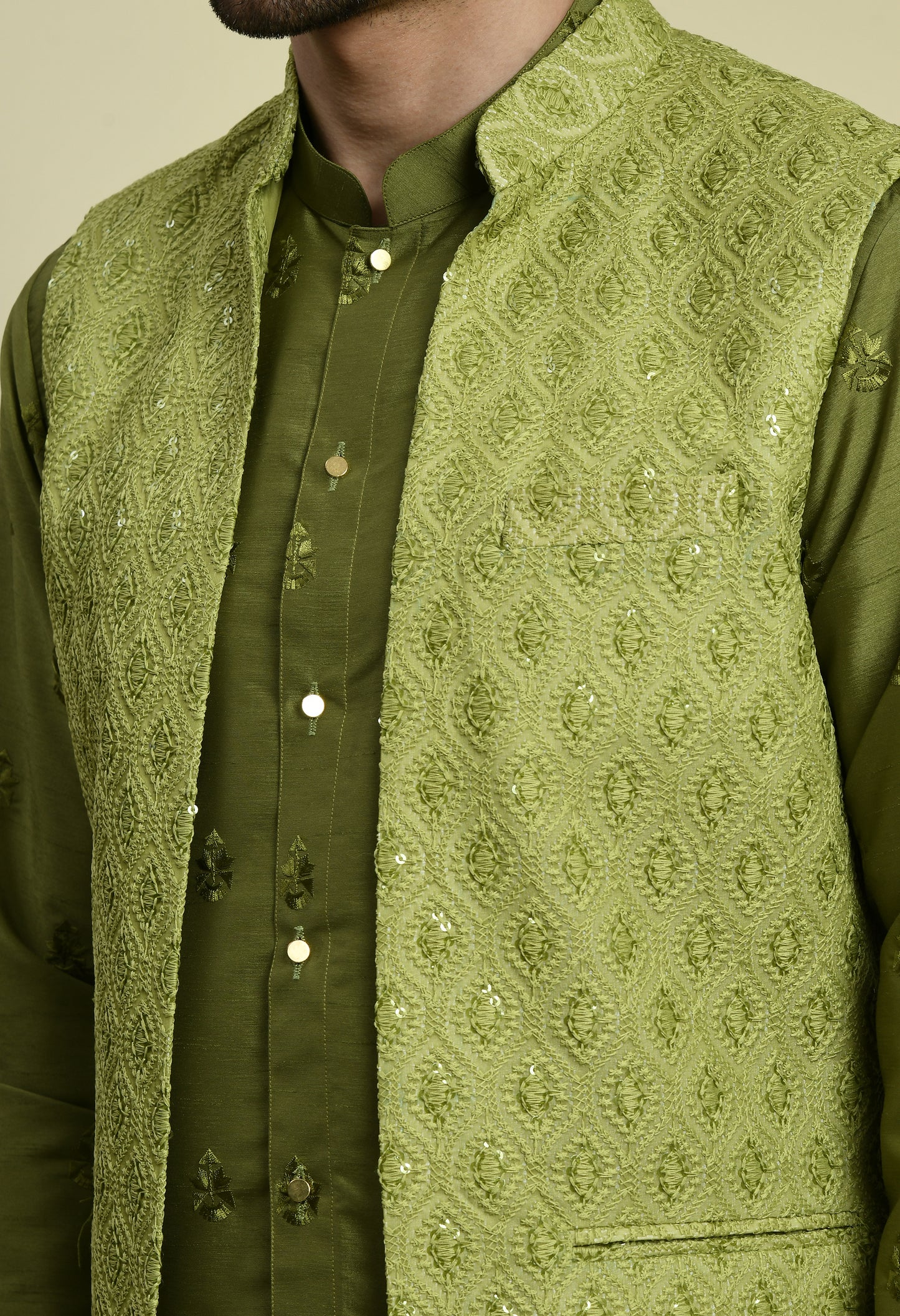 Men’s Nehru Jacket – Silk Georgette in Green with Silk Thread Embroidery | One Man Show