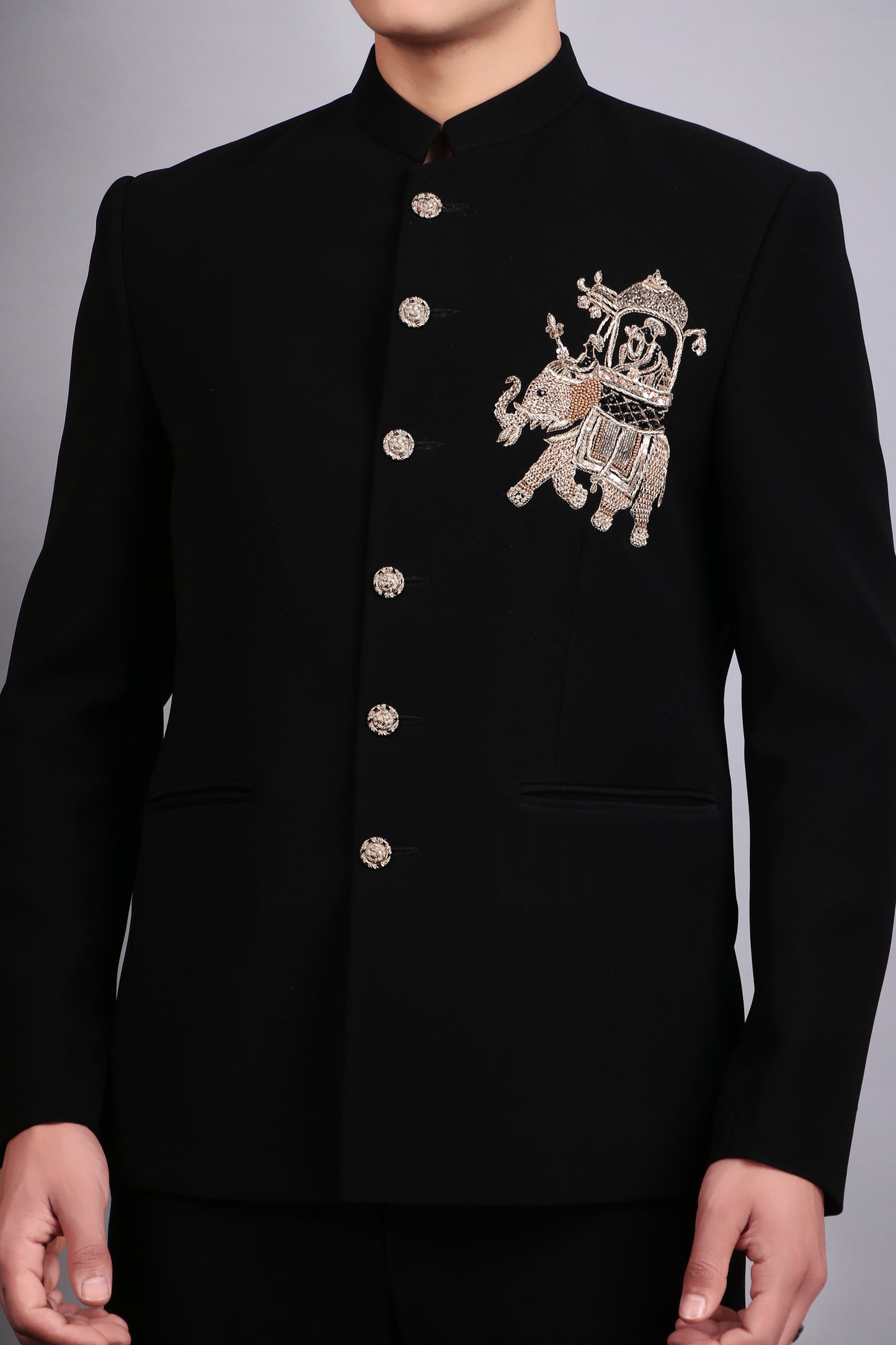 Men’s Bandhgala – Japanese Lycra in Black with Patch Motif Embroidery | One Man Show