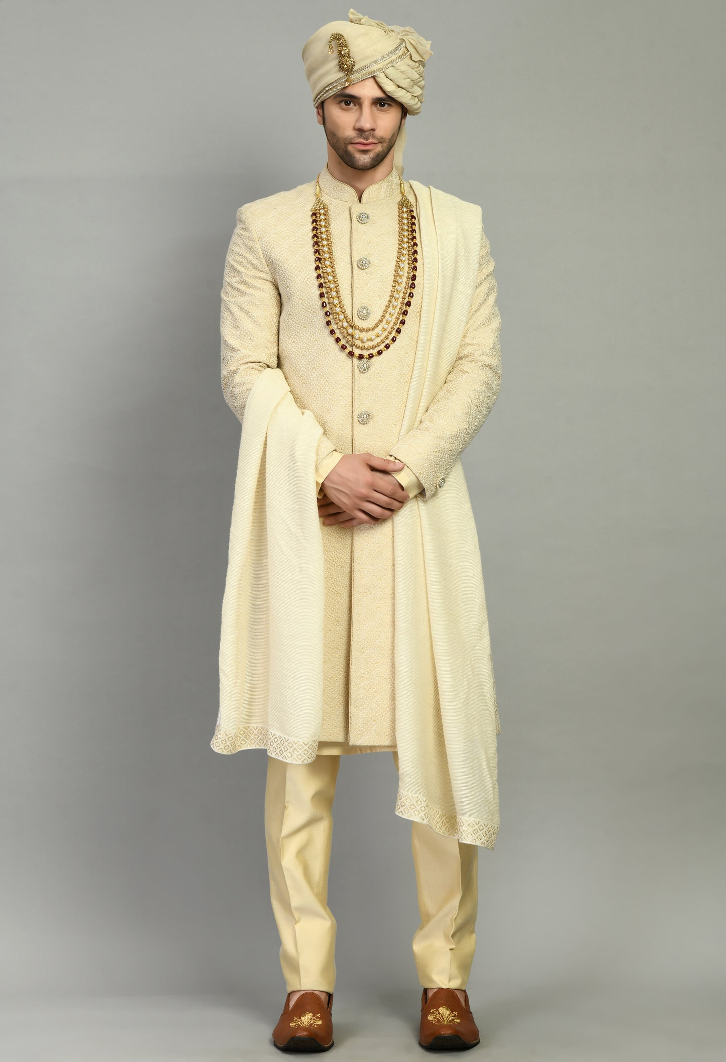 Men’s Sherwani – Silk in Cream with Detailed Hand Embroidery Allover | One Man Show