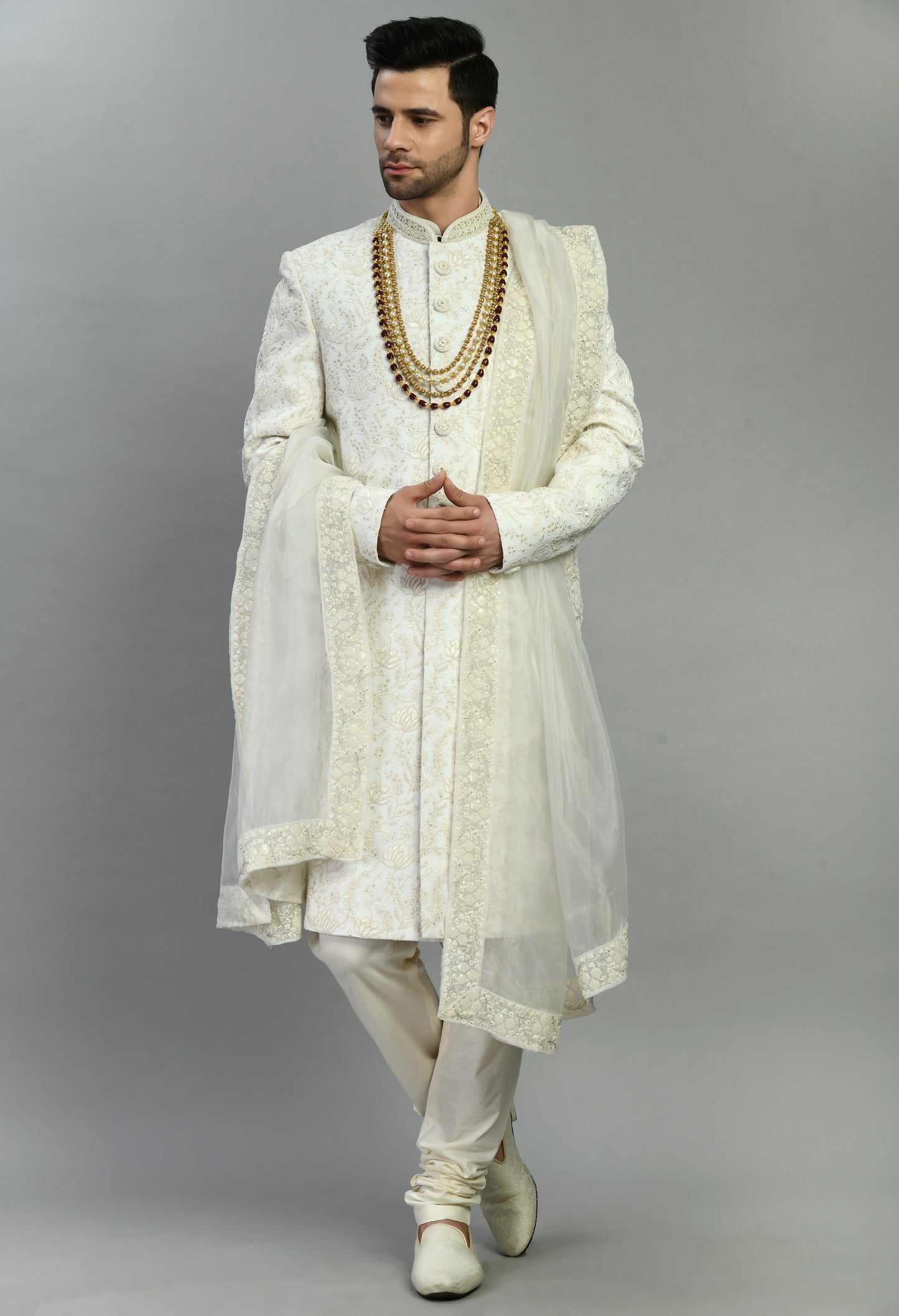 Men’s Sherwani – Silk in Ivory with Detailed Hand Embroidery Allover | One Man Show