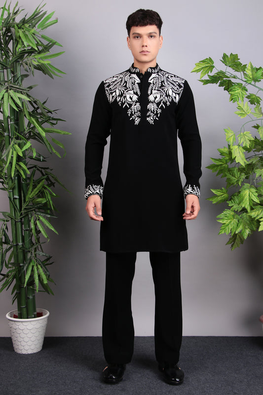 Men’s Kurta Set – Korean Wrinkle Free in Black with Silk Thread Embroidery | One Man Show