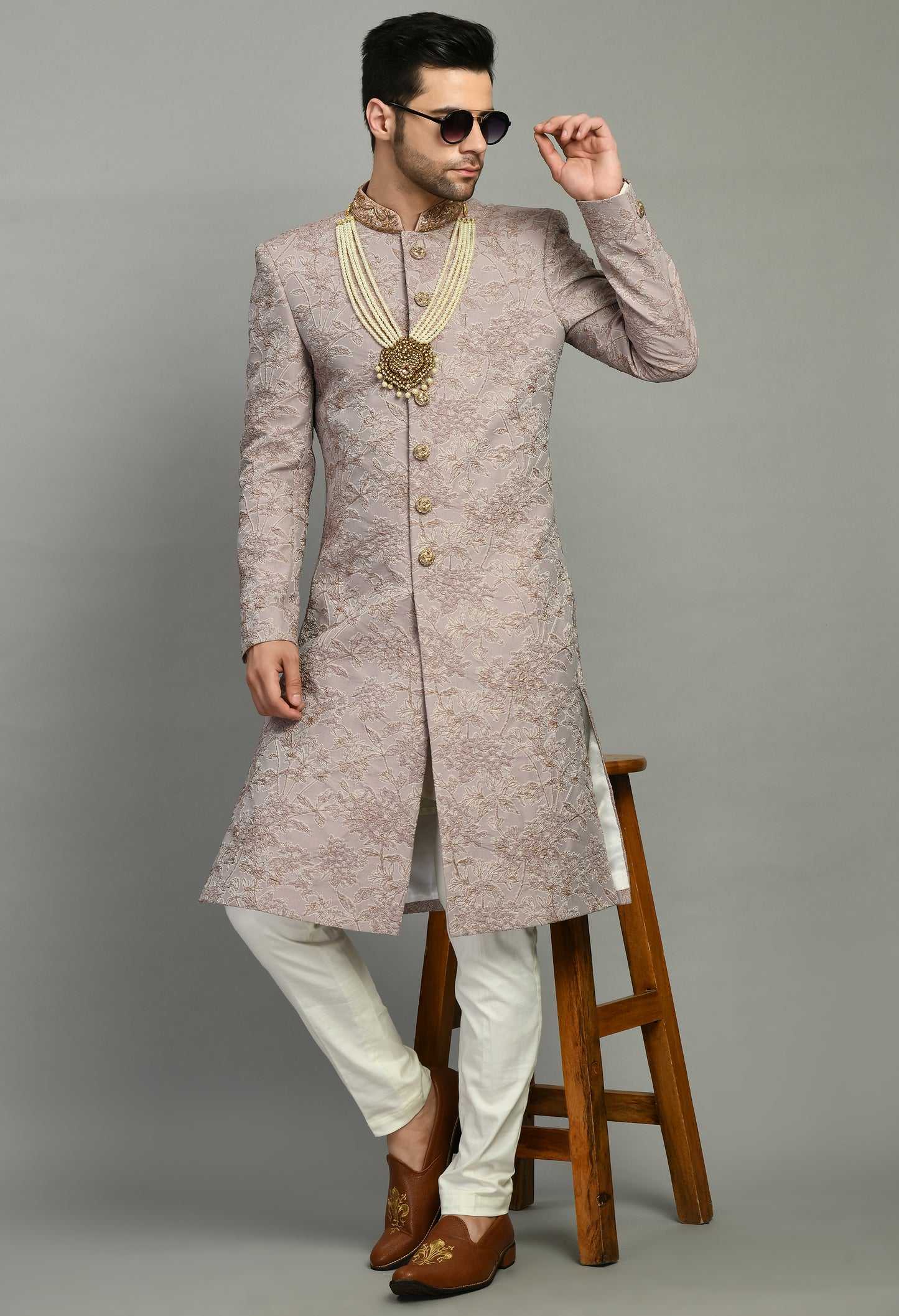 Men’s Sherwani – Silk in Pink with Detailed Hand Embroidery Allover | One Man Show