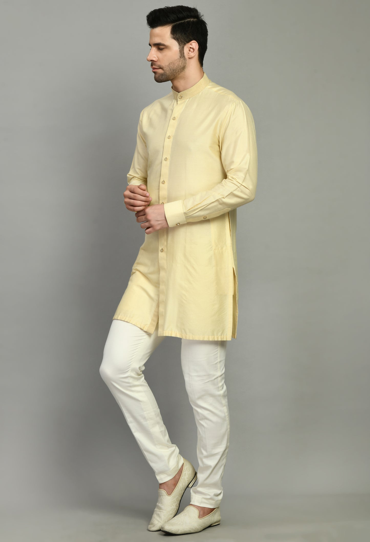 Men’s Kurta Set – Modal Satin in Cream with Embroidery Border Stoll | One Man Show