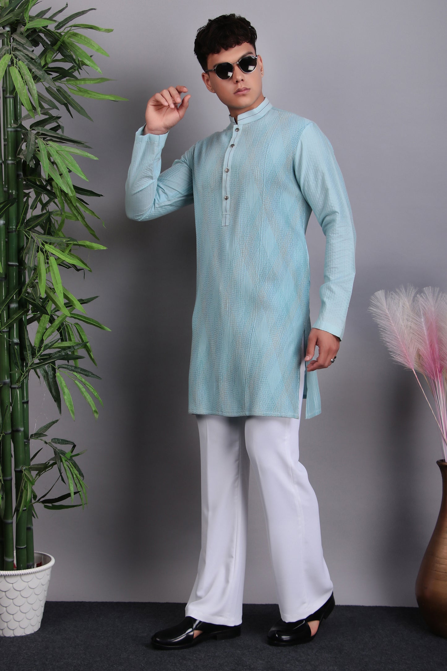 Detail view 5 - Men’s Kurta Set – Silk Cotton in Blue with Thread Work and Pintex Fabric Manipulation