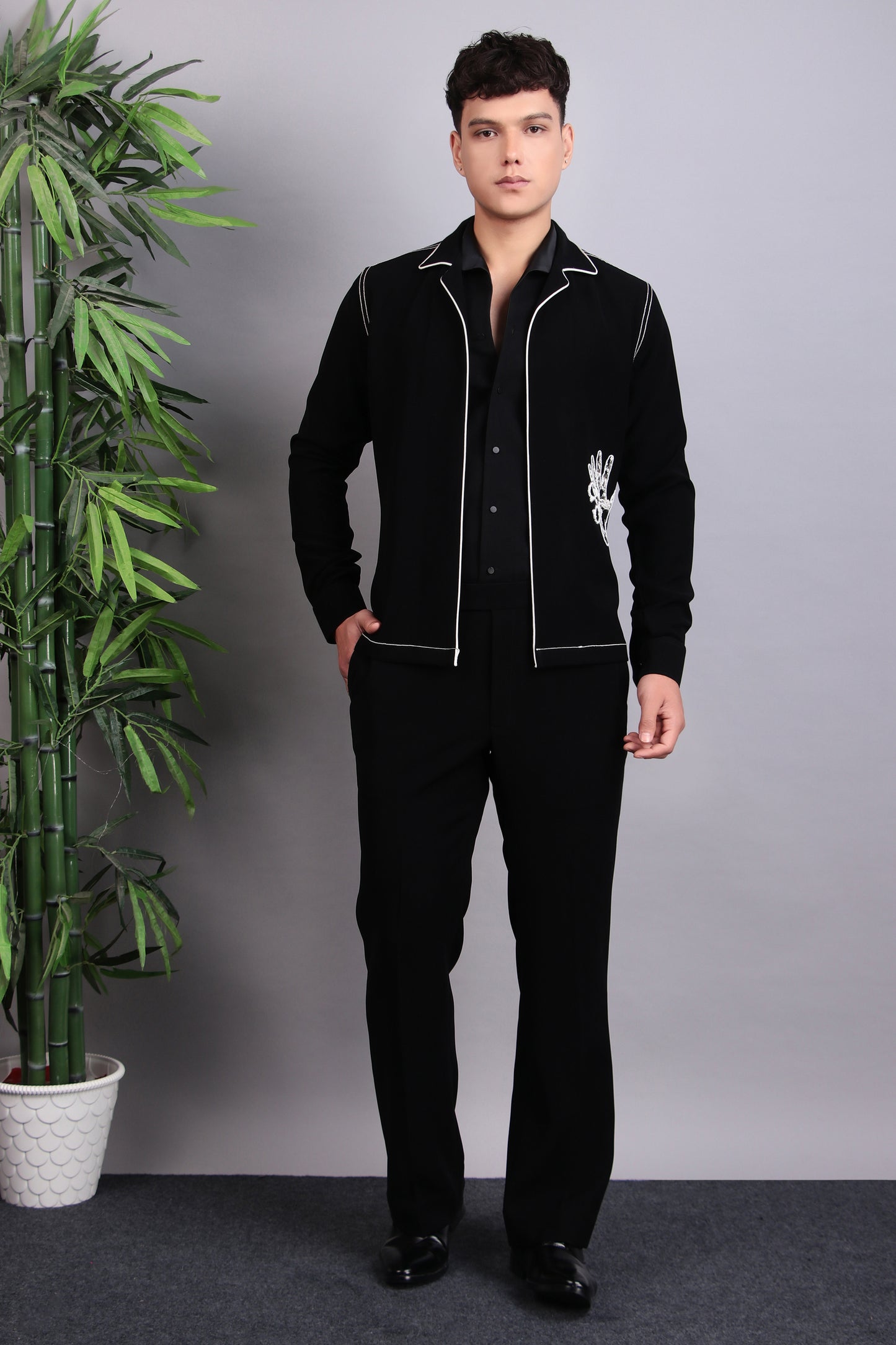 Men’s Tuxedo – Japanese Lycra in Black with Pintex & Beads Embroidery | One Man Show