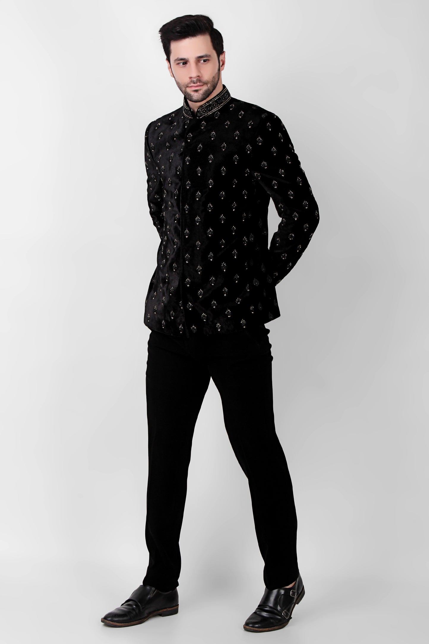 Men’s Bandhgala – Velvet in Black with Floral Motif Embroidery | One Man Show