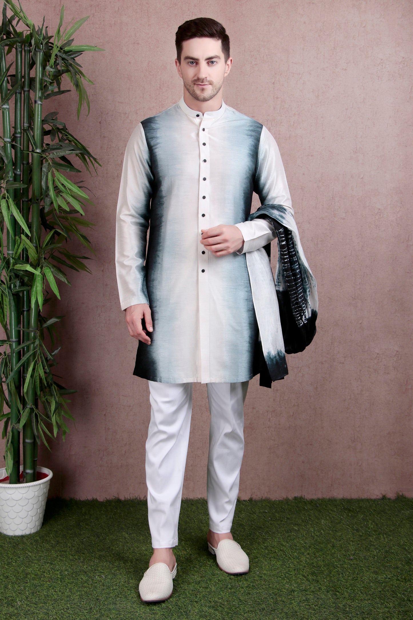 Men’s Kurta Set – Dola Silk in Ivory-Black Ombré with Tie-Dye Detailing | One Man Show