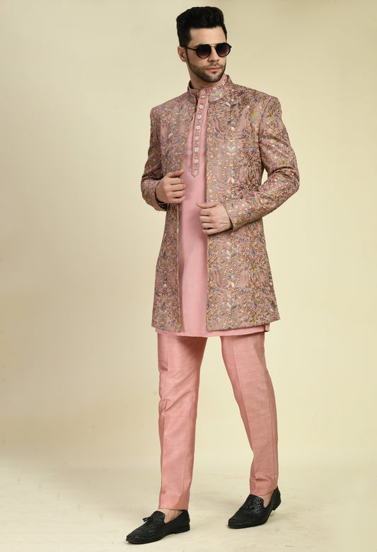 Men’s Indo-Western – Silk Georgette in Pink with Floral Multi Thread Embroidery | One Man Show