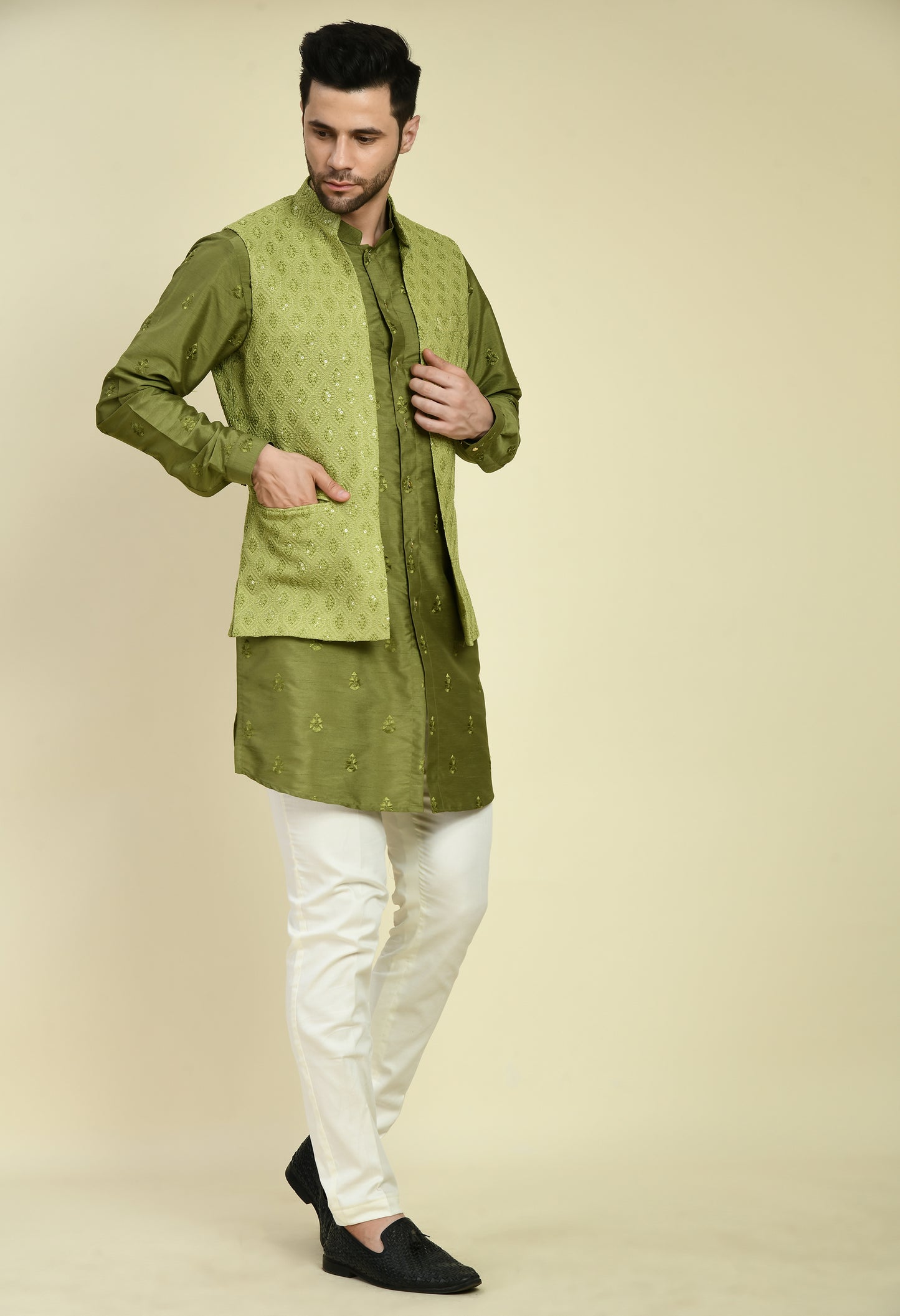 Men’s Nehru Jacket – Silk Georgette in Green with Silk Thread Embroidery | One Man Show