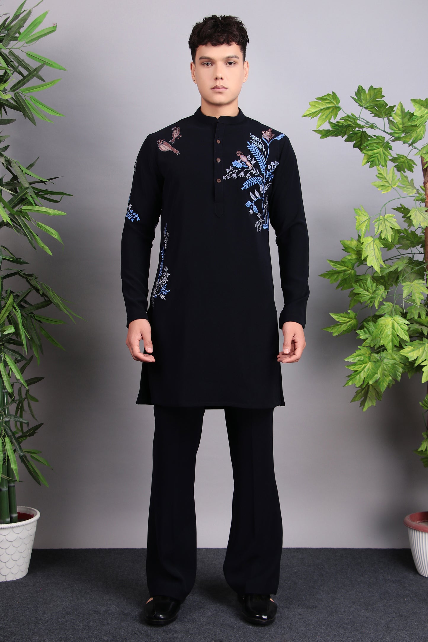 Men’s Kurta Set – Japanese Lycra in Blue with Blue Silk Thread Placement Embroidery | One Man Show