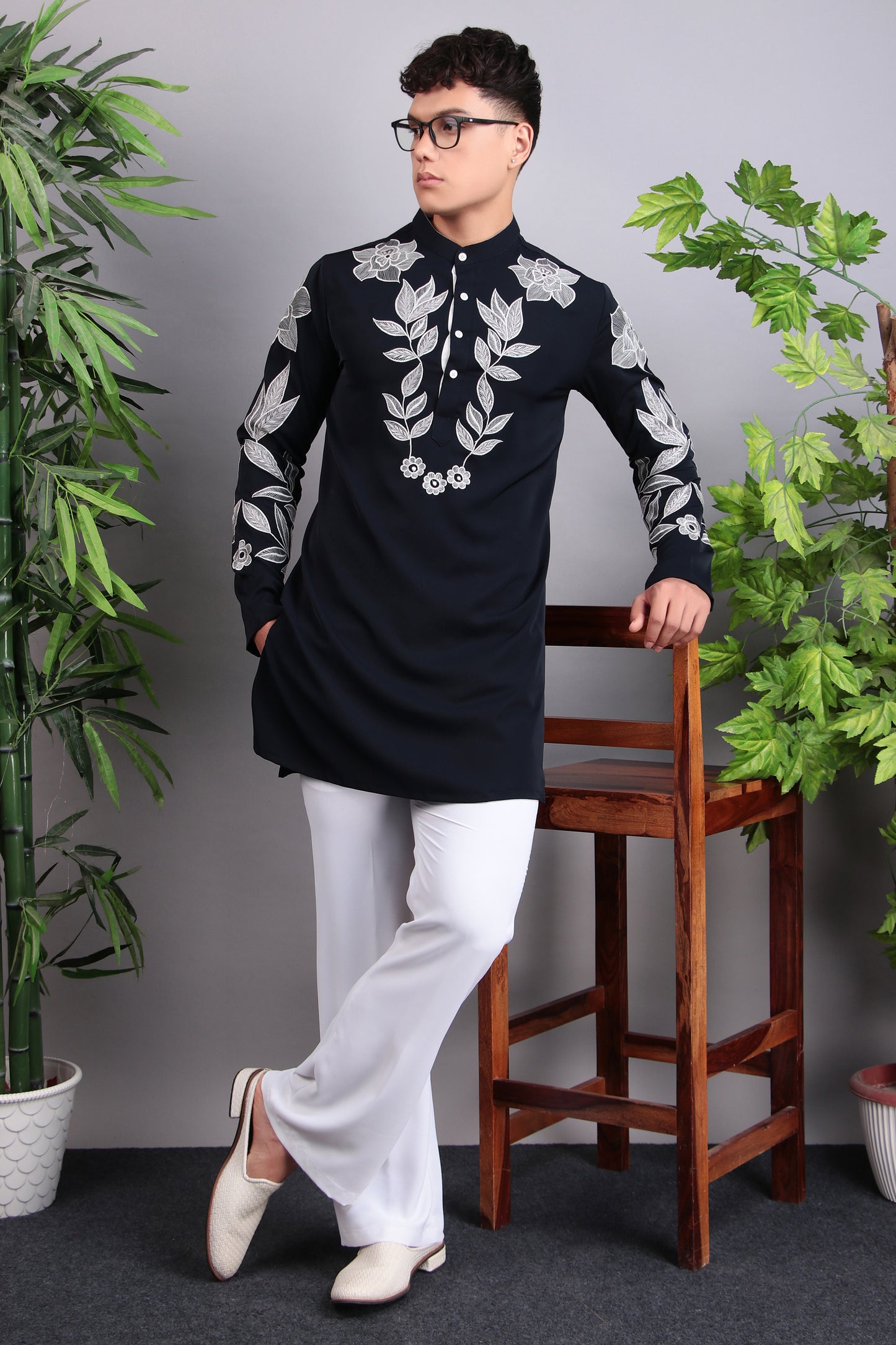 Men’s Kurta Set – Korean Wrinkle Free in Navy Blue with Silk Thread Embroidery | One Man Show