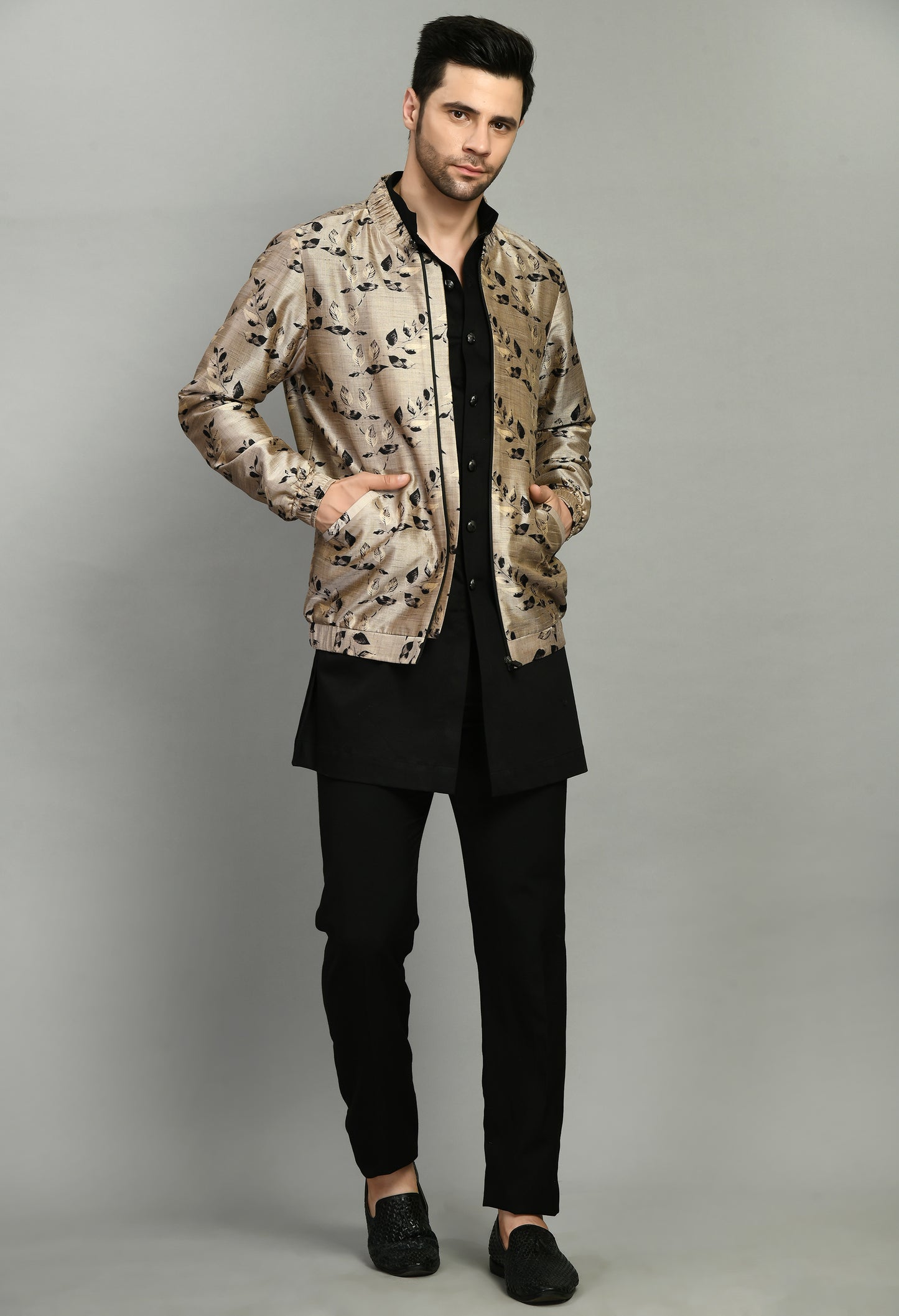 Men’s Indo-Western Set – Silk Print in Cream and Black with Floral Print Bomber Jacket | One Man Show