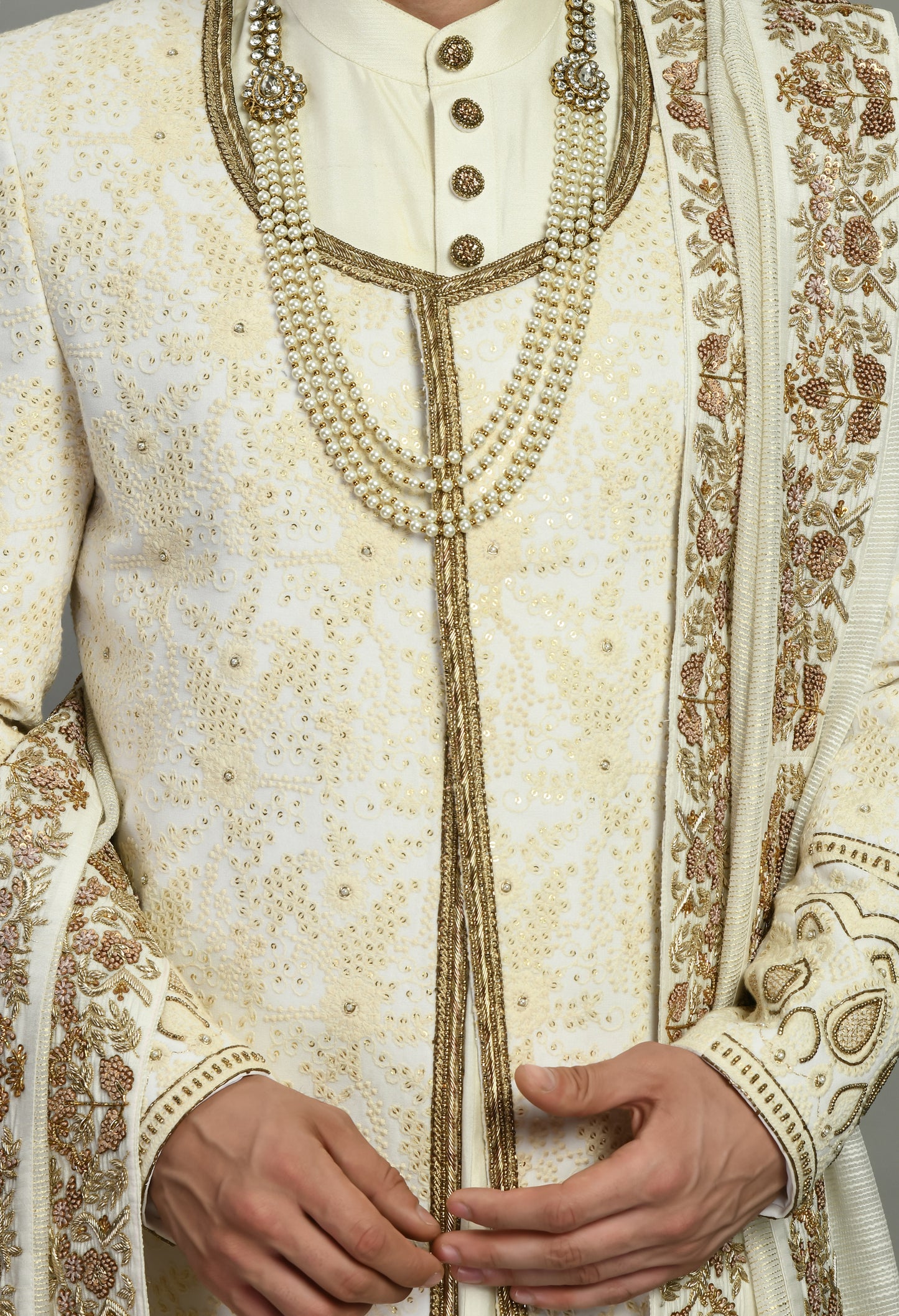 Men’s Sherwani – Silk in Ivory with Detailed Hand Embroidery Allover | One Man Show