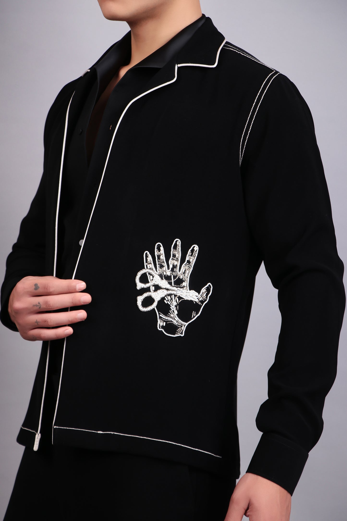 Men’s Tuxedo – Japanese Lycra in Black with Pintex & Beads Embroidery | One Man Show
