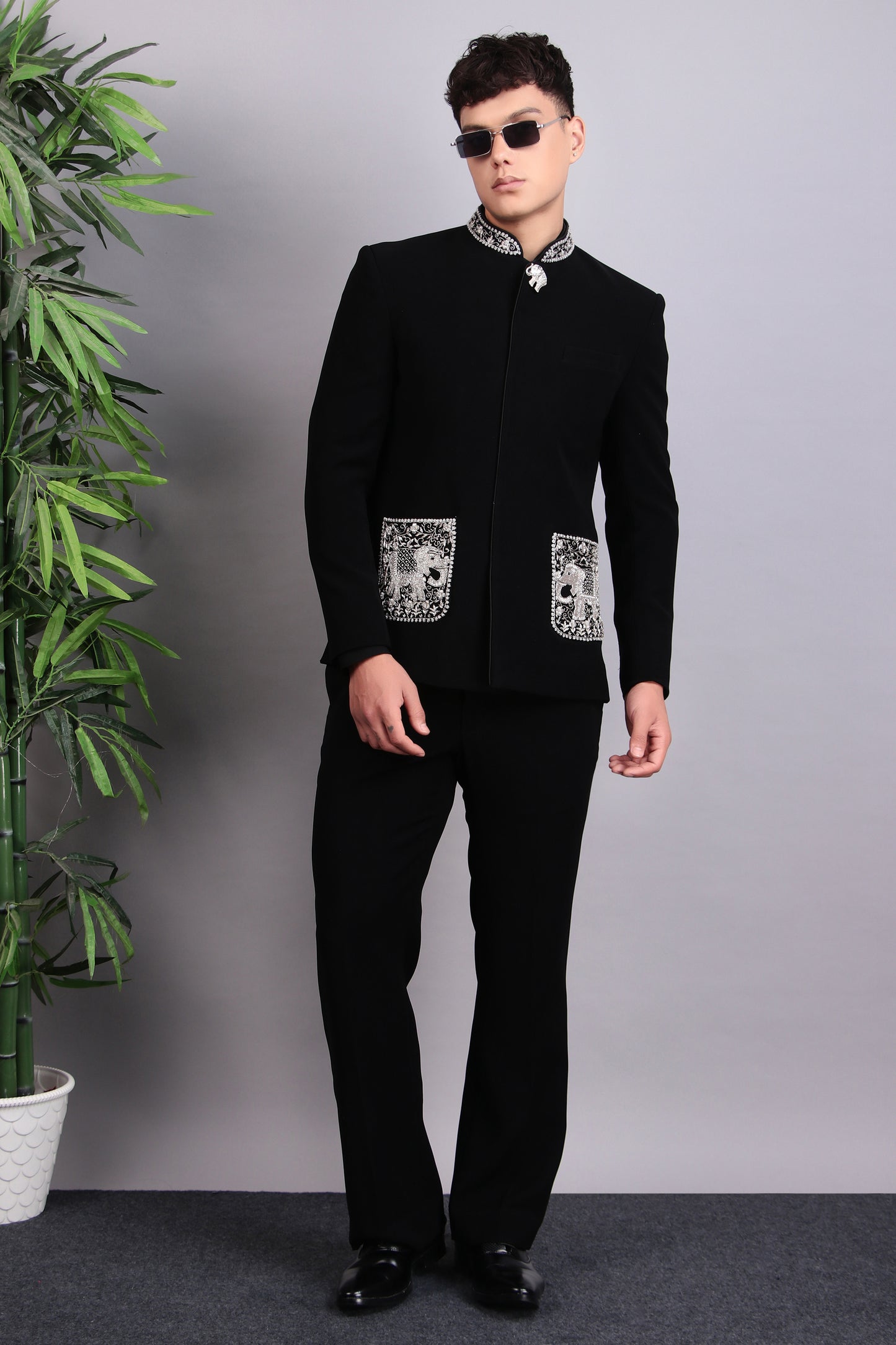 Detail view 1 - Men’s Bandhgala – Japanese Lycra in Black with Silver Silk Thread, Zari and Stones Embroidery