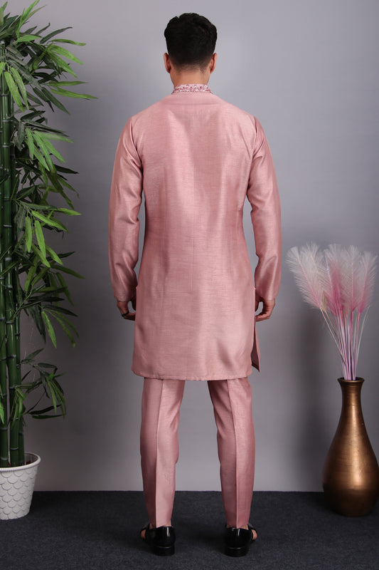 Side view - Men’s Kurta Set – Silk in Pink with Silk Thread Hand Embroidery