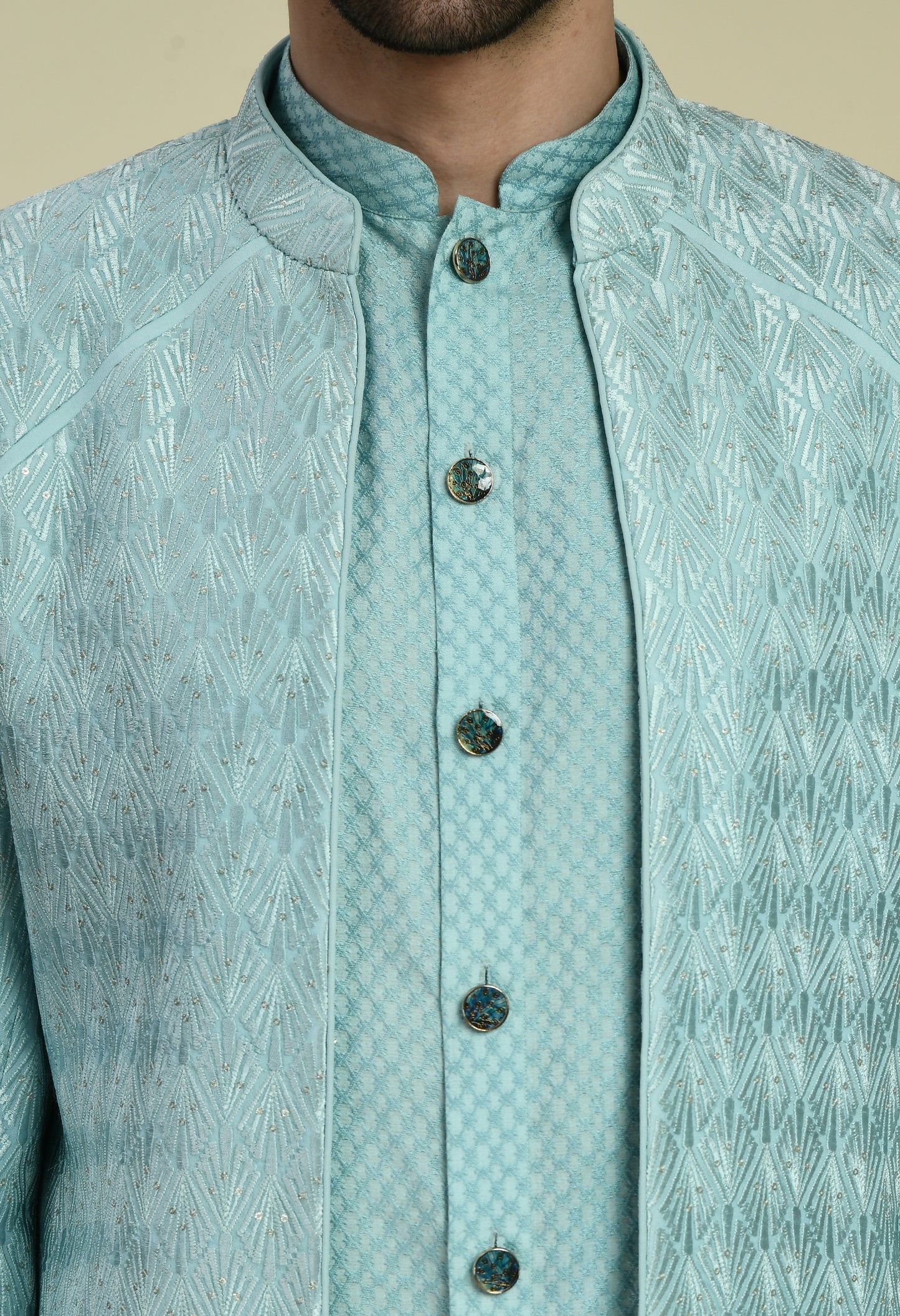 Detail view 4 - Men’s Indo-Western – Silk Georgette in Blue with Thread Embroidery