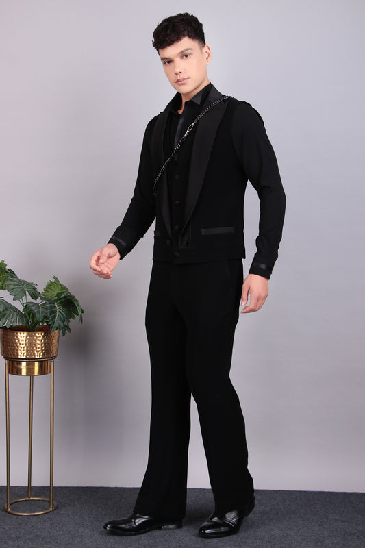 Side view - Men’s Tuxedo – Japanese Lycra in Black with Multi Layered Vest Style Jacket