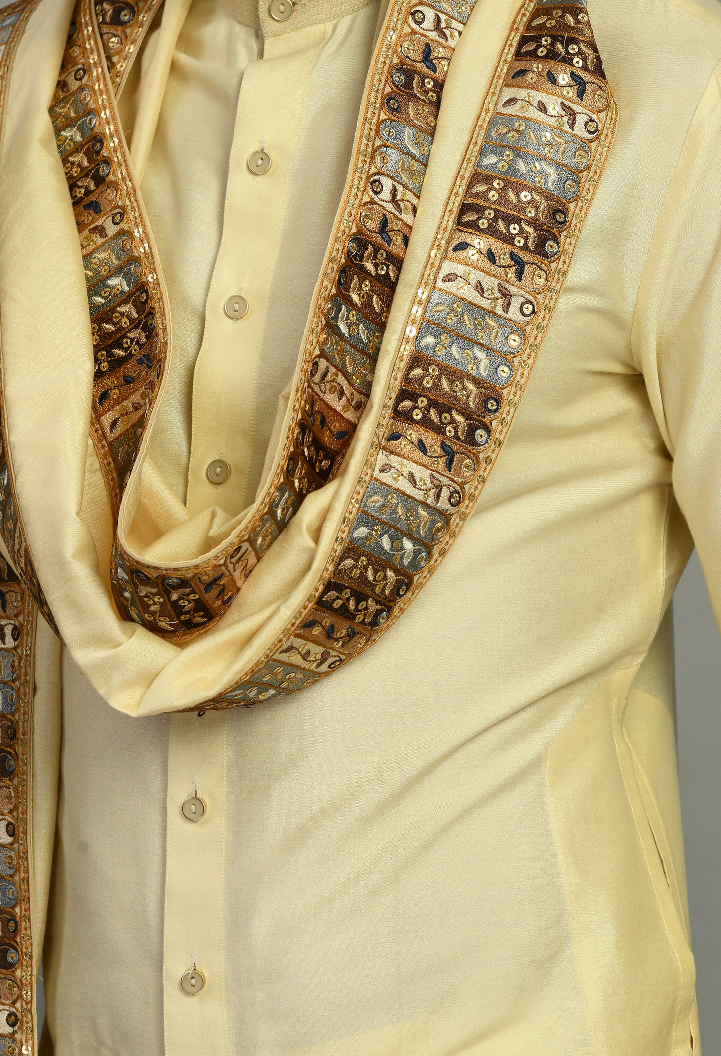 Men’s Kurta Set – Modal Satin in Cream with Embroidery Border Stoll | One Man Show