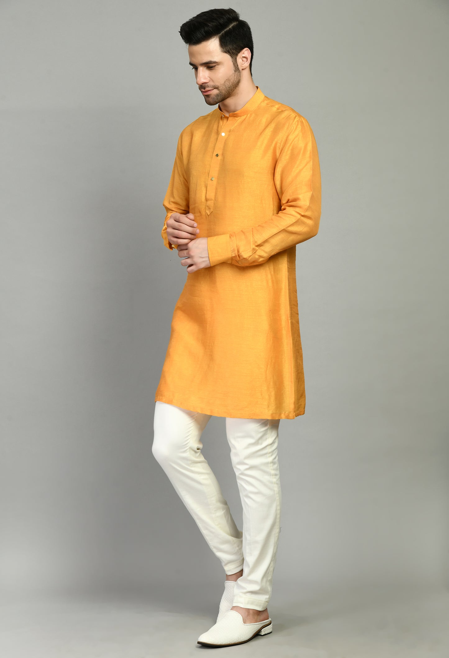 Men’s Nehru Jacket – Silk Moga in Yellow with Silk Thread Floral Embroidery | One Man Show
