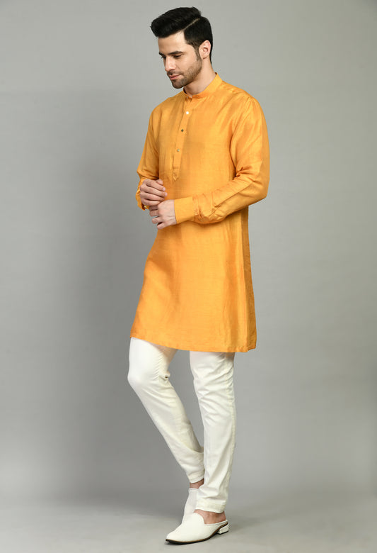 Men’s Nehru Jacket – Silk Moga in Yellow with Silk Thread Floral Embroidery | One Man Show