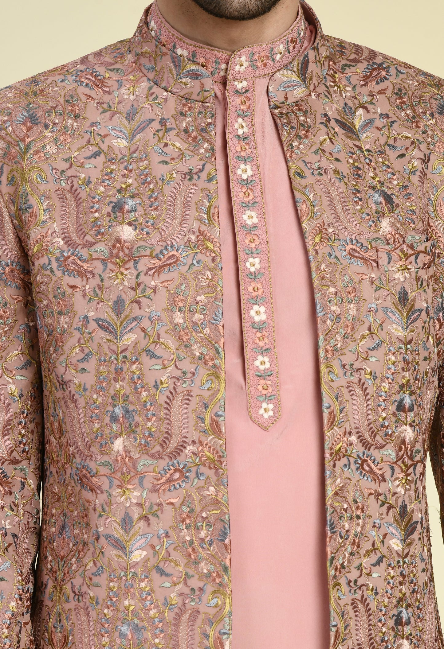 Men’s Indo-Western – Silk Georgette in Pink with Floral Multi Thread Embroidery | One Man Show