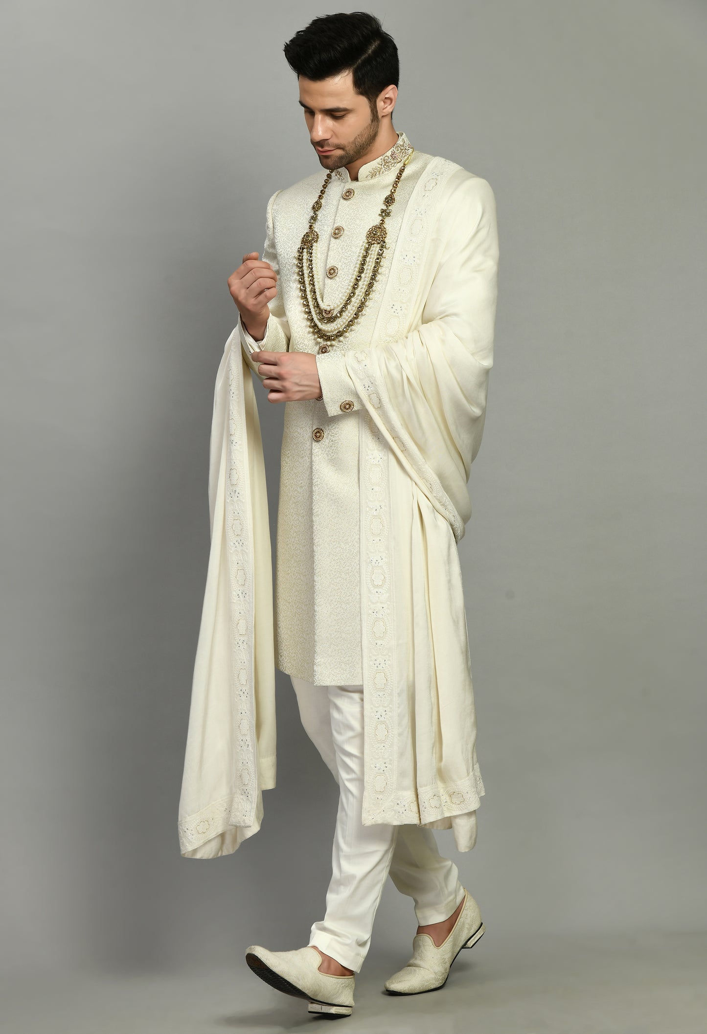Men’s Sherwani – Silk in Ivory with Detailed Hand Embroidery Allover | One Man Show