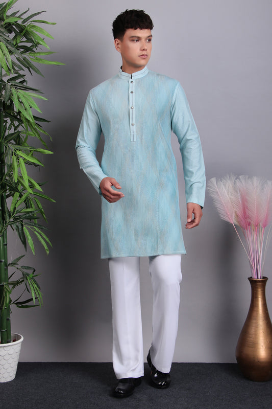 Side view - Men’s Kurta Set – Silk Cotton in Blue with Thread Work and Pintex Fabric Manipulation